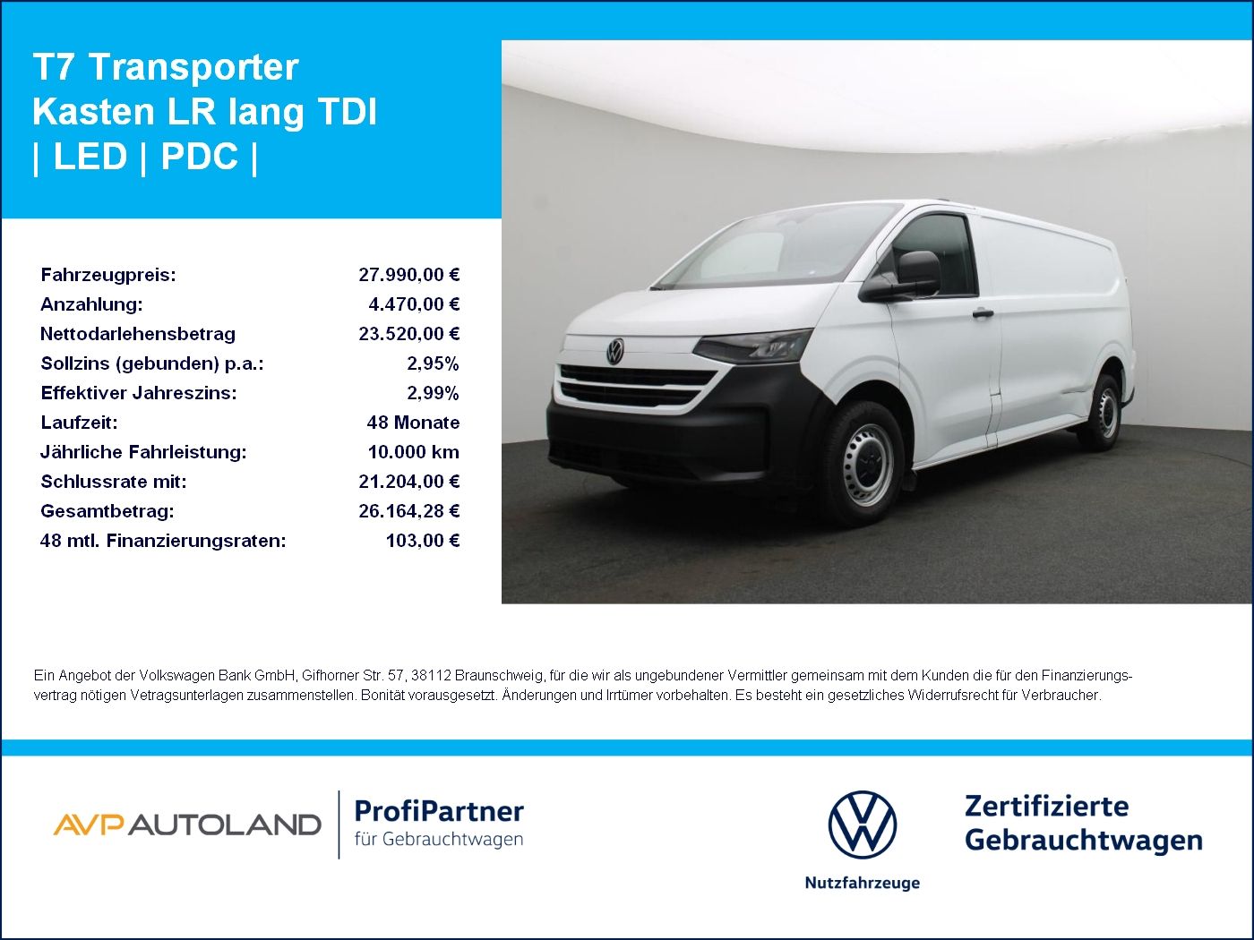 Volkswagen T7 Transporter Kasten LR lang TDI | LED | PDC |