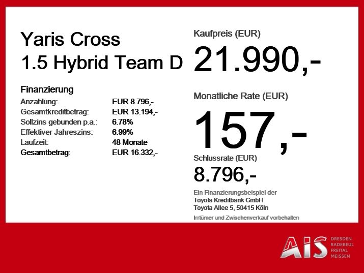Toyota Yaris Cross 1.5 Hybrid Team D Navi*ACC*KAM*SHZ