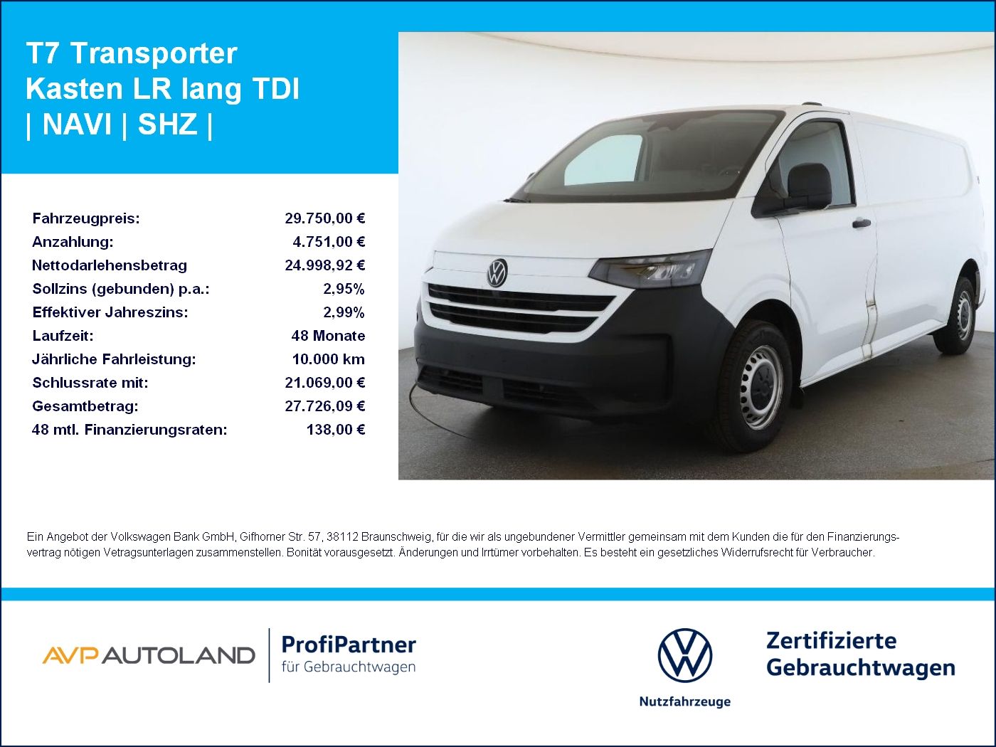 Volkswagen T7 Transporter Kasten LR lang TDI | NAVI | SHZ |