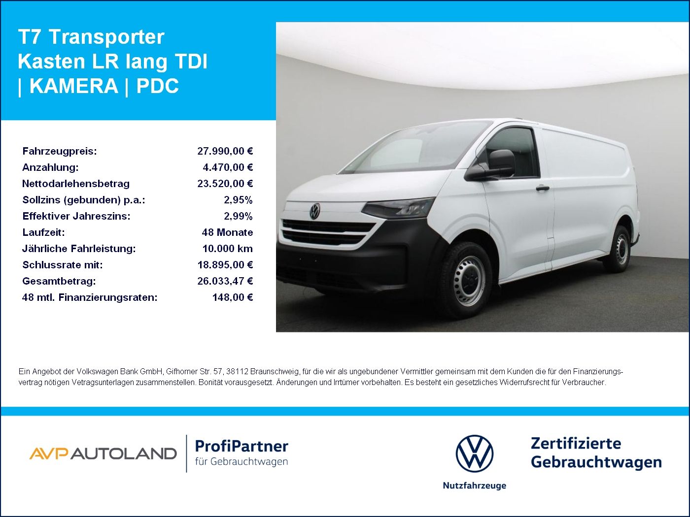 Volkswagen T7 Transporter Kasten LR lang TDI | KAMERA | PDC